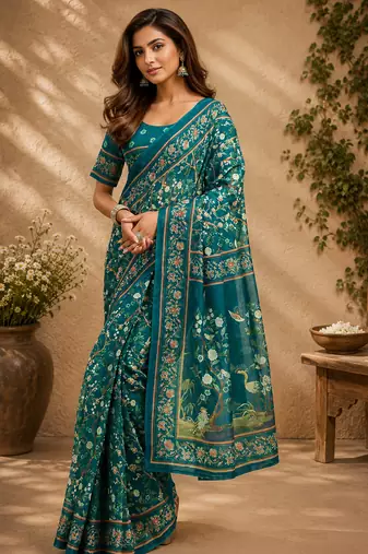 Women deep teal chanderi cotton floral jaal ready to wear saree