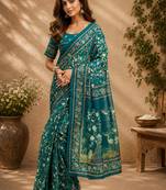 Women deep teal chanderi cotton floral jaal ready to wear saree