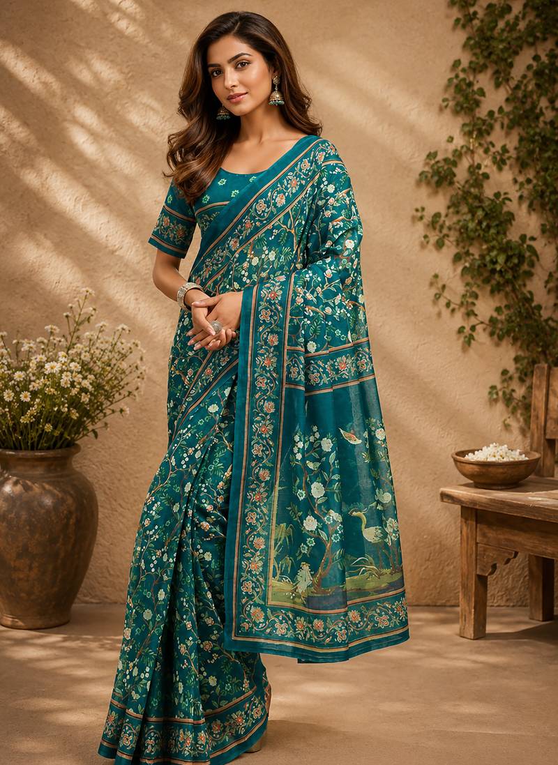 Women deep teal chanderi cotton floral jaal ready to wear saree