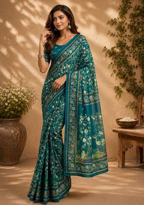 Women deep teal chanderi cotton floral jaal ready to wear saree 2