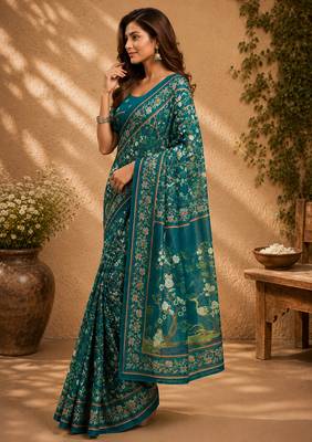 Women deep teal chanderi cotton floral jaal ready to wear saree 4
