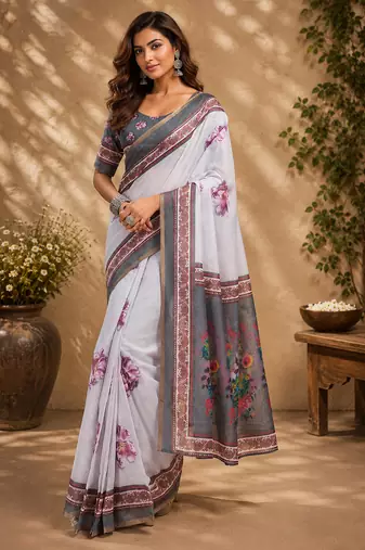 Women off white chanderi cotton floral ready to wear saree