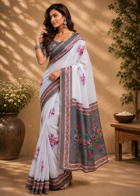 Women off white chanderi cotton floral ready to wear saree 2