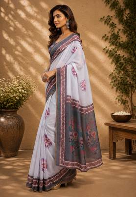 Women off white chanderi cotton floral ready to wear saree 3