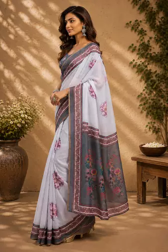 Women off white chanderi cotton floral ready to wear saree