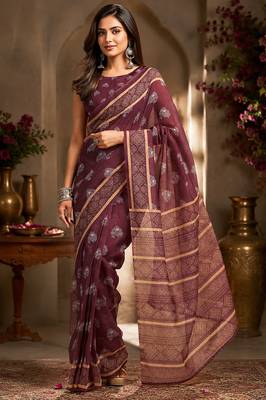 Women burgundy chanderi cotton woven butti ready to wear saree 1