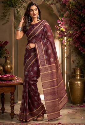 Women burgundy chanderi cotton woven butti ready to wear saree 2