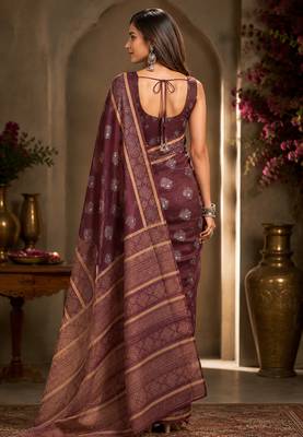 Women burgundy chanderi cotton woven butti ready to wear saree 3