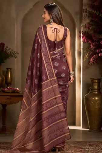 Women burgundy chanderi cotton woven butti ready to wear saree