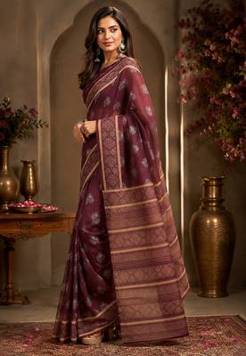 Women burgundy chanderi cotton woven butti ready to wear saree 4