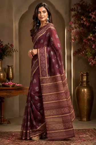Women burgundy chanderi cotton woven butti ready to wear saree