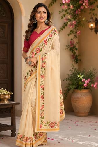 Women cream chanderi cotton plain ready to wear saree
