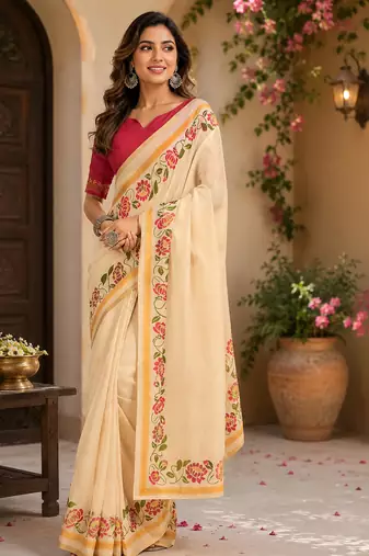 Women cream chanderi cotton plain ready to wear saree