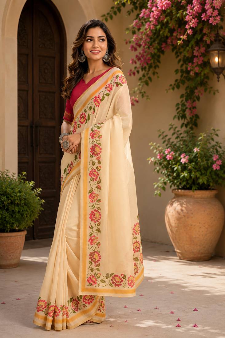 Women cream chanderi cotton plain ready to wear saree