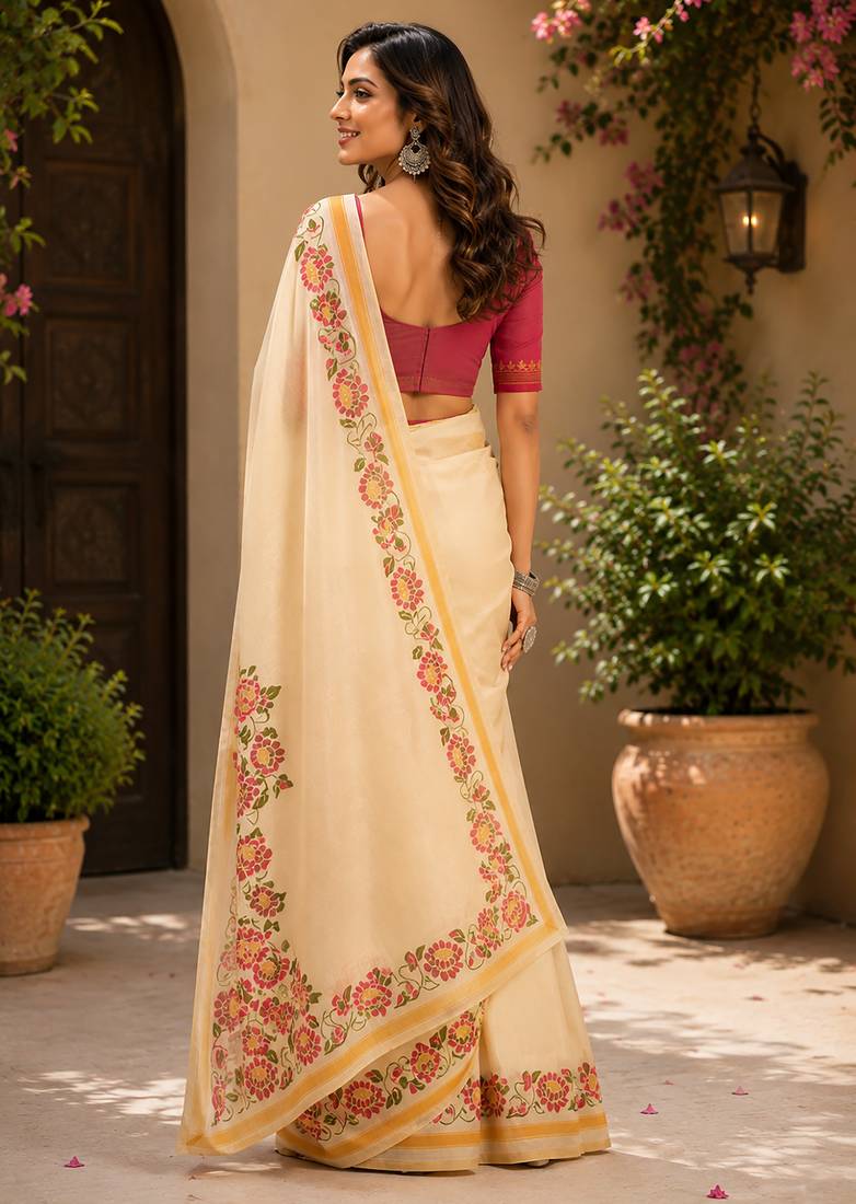 Women cream chanderi cotton plain ready to wear saree