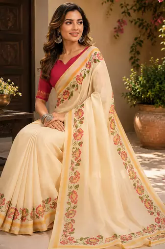 Women cream chanderi cotton plain ready to wear saree