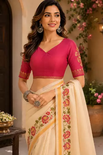 Women cream chanderi cotton plain ready to wear saree
