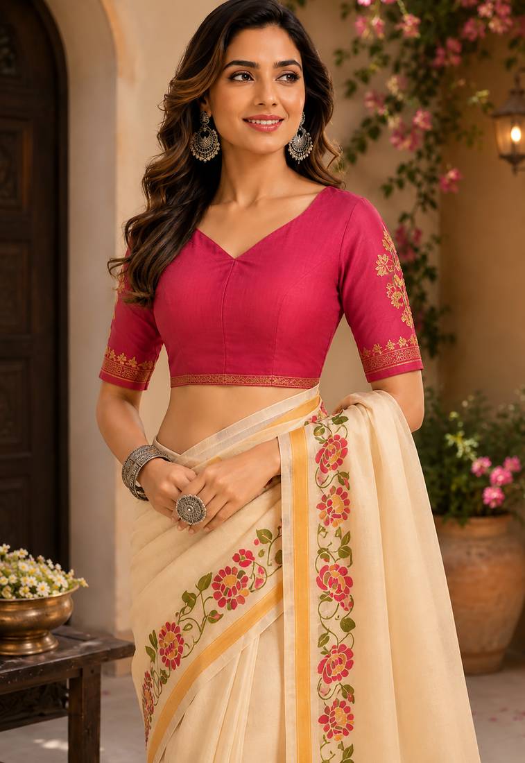 Women cream chanderi cotton plain ready to wear saree