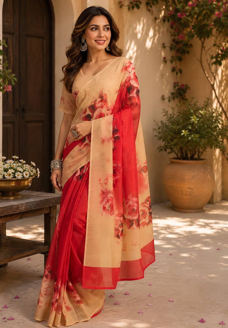 Women multicolor chanderi cotton large rose floral ready to wear saree