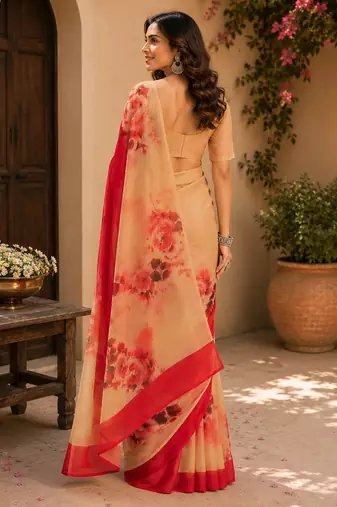 Women multicolor chanderi cotton large rose floral ready to wear saree