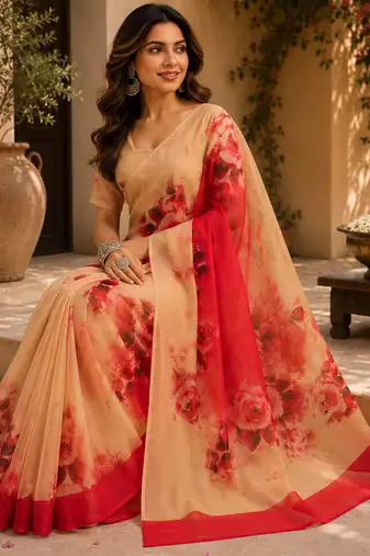 Women multicolor chanderi cotton large rose floral ready to wear saree