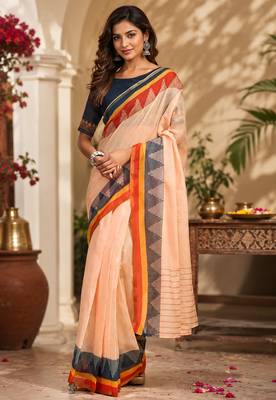 Women light peach chanderi cotton plain ready to wear saree 1