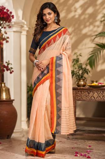 Women light peach chanderi cotton plain ready to wear saree