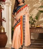Women light peach chanderi cotton plain ready to wear saree