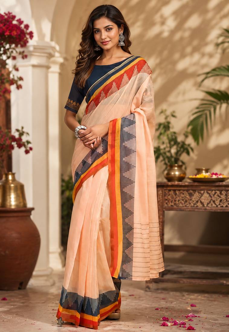 Women light peach chanderi cotton plain ready to wear saree