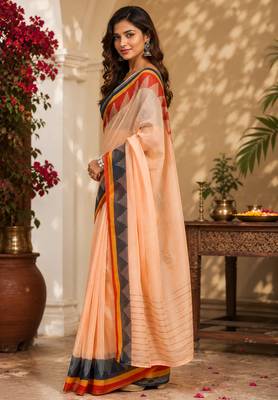 Women light peach chanderi cotton plain ready to wear saree 2