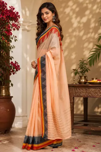 Women light peach chanderi cotton plain ready to wear saree