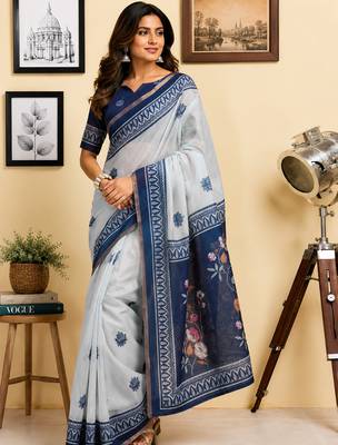 Women off white & navy blue chanderi cotton floral butti motifs ready to wear saree 1