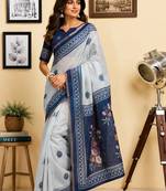 Women off white & navy blue chanderi cotton floral butti motifs ready to wear saree