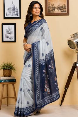Women off white & navy blue chanderi cotton floral butti motifs ready to wear saree 2