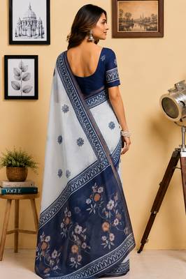 Women off white & navy blue chanderi cotton floral butti motifs ready to wear saree 3