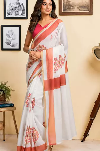 Women white chanderi cotton floral ready to wear saree