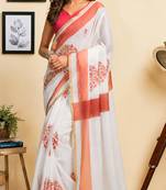 Women white chanderi cotton floral ready to wear saree