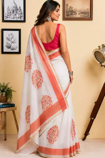 Women white chanderi cotton floral ready to wear saree