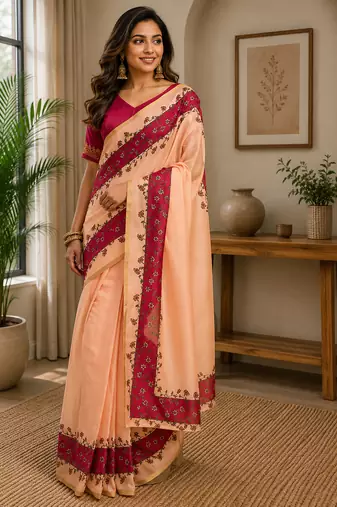 Women peach chanderi cotton plain ready to wear saree