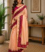 Women peach chanderi cotton plain ready to wear saree