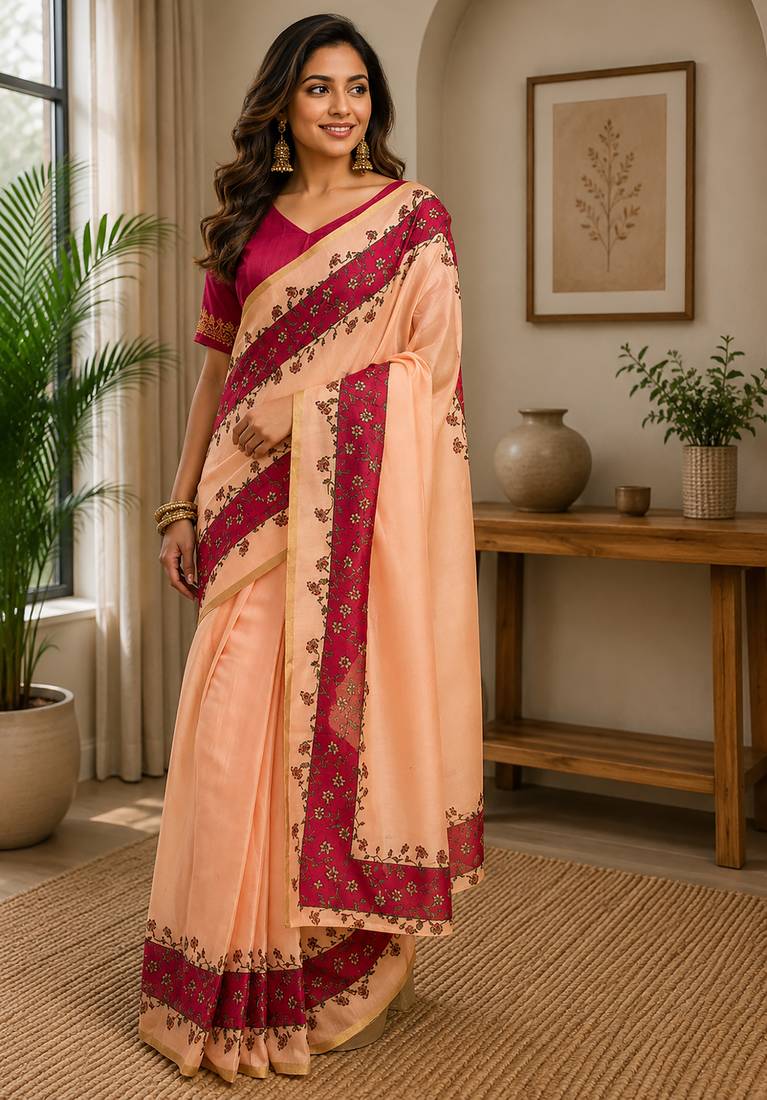 Women peach chanderi cotton plain ready to wear saree