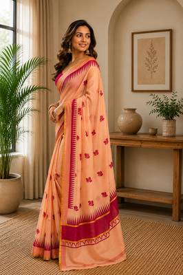 Women pastel orange chanderi cotton floral butti motifs ready to wear saree 1