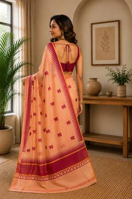 Women pastel orange chanderi cotton floral butti motifs ready to wear saree 2