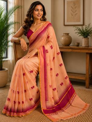 Women pastel orange chanderi cotton floral butti motifs ready to wear saree 3