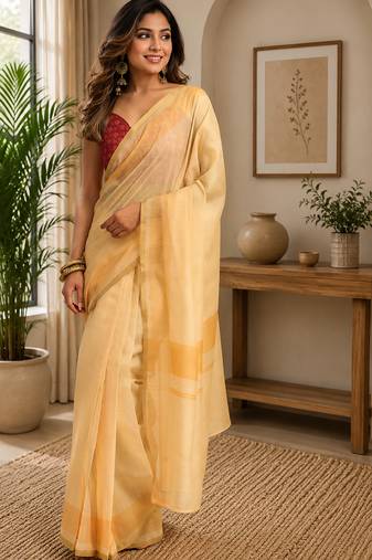 Women pastel yellow chanderi cotton plain ready to wear saree