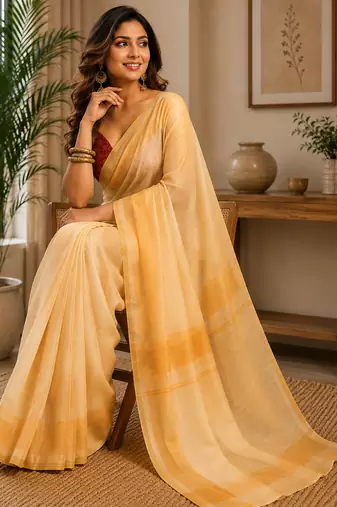 Women pastel yellow chanderi cotton plain ready to wear saree