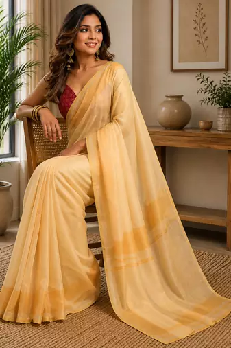 Women pastel yellow chanderi cotton plain ready to wear saree