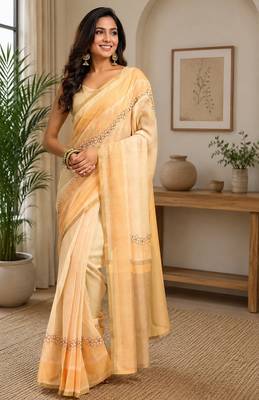 Women cream chanderi cotton plain ready to wear saree 1
