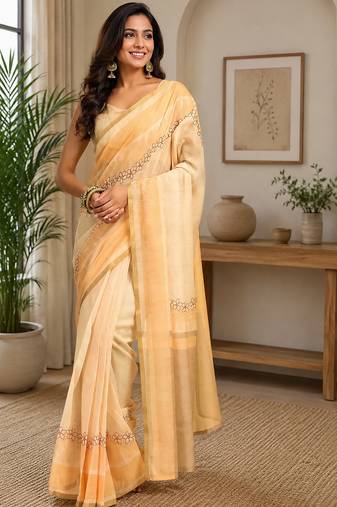 Women cream chanderi cotton plain ready to wear saree