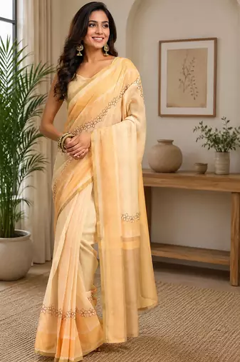 Women cream chanderi cotton plain ready to wear saree